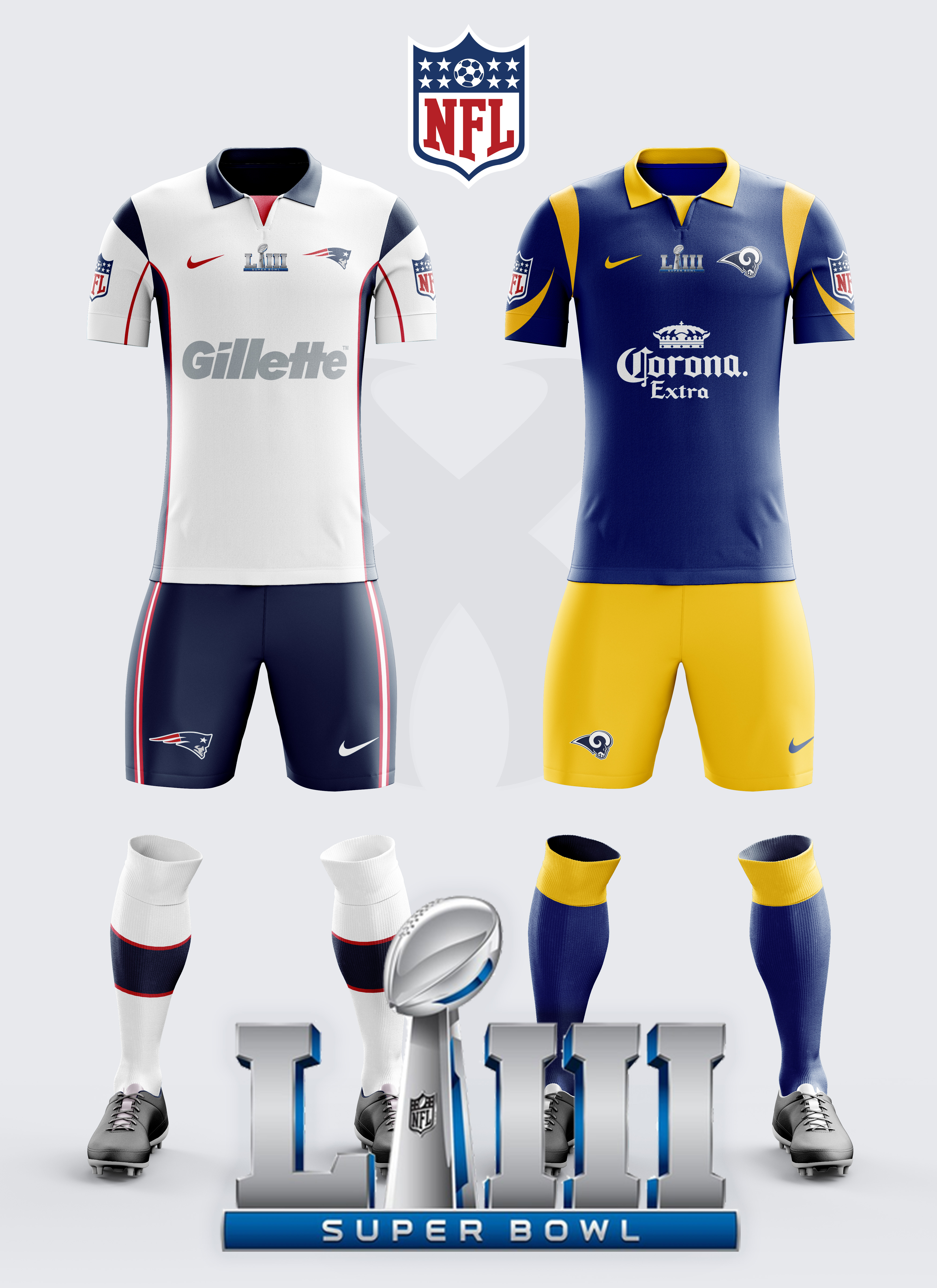 What would the Superbowl LIII Uniforms look like as Soccer Kits